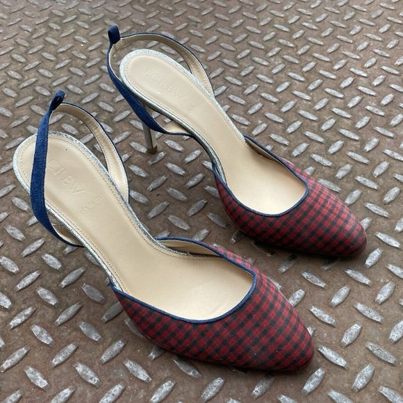 J. Crew Wonen Heel Pump Sandal Shoes Red Plaid Fabric Upper Shoes Size 7 - Picture 4 of 11